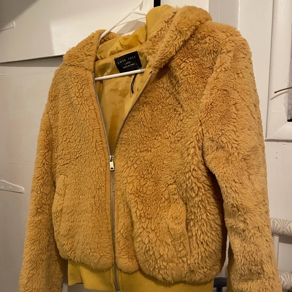 Mustard yellow hooded teddy coat